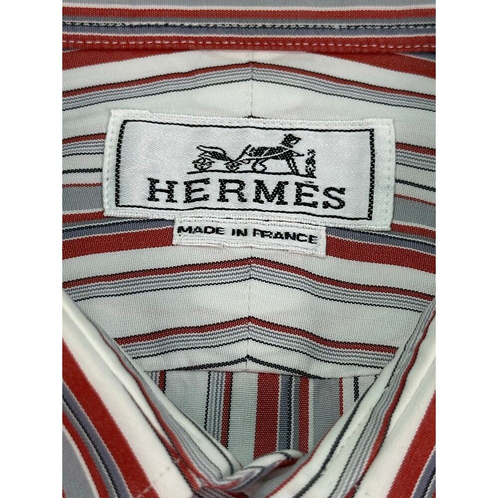 Vintage Hermès Red & Gray Striped Cotton Designer Dress Shirt Size 16/41 (L) - Picture 5 of 11